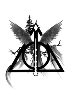 the deathly symbol for harry potter with wings and an owl on it's back