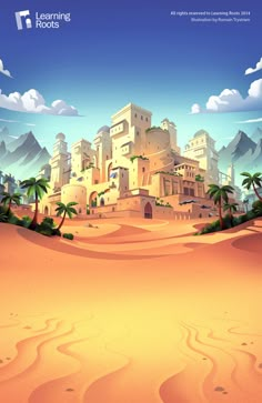 a cartoon desert scene with a castle in the middle and palm trees on the other side