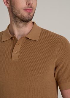 Purl Knit Polo for the Tall Man with Style Refined Relaxation Elevate your casual look with our Purl Knit Tall Men's Polo Shirt. This isn't just an extra-long polo shirt—it's a statement of sophistication made with the taller guy in mind. The modern fit and longer-than-hip length ensure a sleek silhouette without sacrificing comfort. Whether it’s for a smart-casual meeting or a weekend getaway, this men's tall polo shirt, with its ribbed hem and cuffs, ensures you stand out in the best way possi Beige Textured Knit Polo Sweater, Classic Brown Ribbed Sweater, Brown Knit Polo Sweater With Ribbed Collar, Brown Collared Knit Tops, Beige Knit Polo Sweater With Ribbed Collar, Casual Brown Cotton Polo Sweater, Casual Brown Polo Sweater, Classic Brown Sweater With Ribbed Collar, Casual Brown Polo Sweater With Ribbed Cuffs