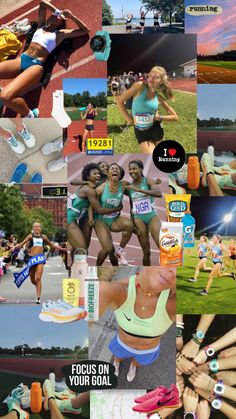 the collage shows many different pictures and people in sports outfits, with one woman running