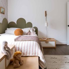 two stuffed animals sitting on a bed in a room with white walls and wood flooring