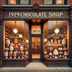 a store front with lots of cakes in the window