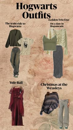 an advertisement for hogwart's outfits, including sweaters and pants