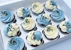 twelve cupcakes with blue and white frosting in a box