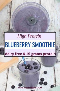 blueberry smoothie in a blender with the text high protein blueberry smoothie dairy free & 19 grams protein