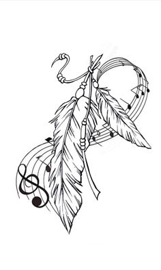 a black and white drawing of a feather with music notes on the tail, as well as a treble