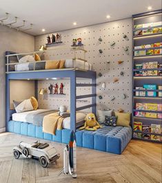 a bedroom with bunk beds and toys on the floor