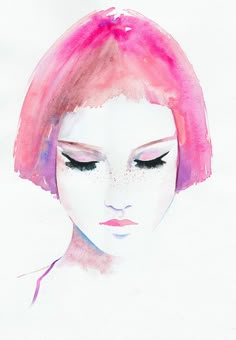 a watercolor painting of a woman with pink hair