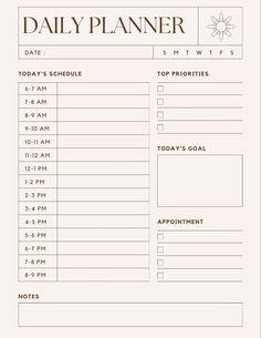 a daily planner with the date and time for each month in brown on white background