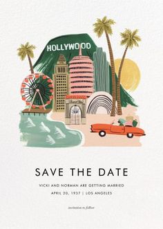 the save the date card features an illustration of palm trees, buildings and a ferris wheel