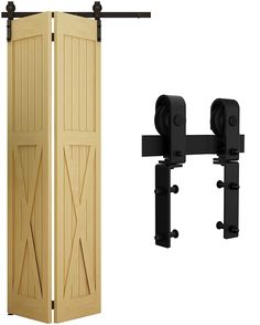 an open wooden door with two black brackets on each side and a closed sliding door to the other side