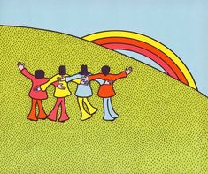 three people standing on top of a hill under a rainbow