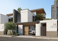 an artist's rendering of a modern house with cars parked in the driveway and palm trees