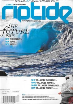 the front cover of rip tide magazine, featuring a surfer riding a wave in the ocean