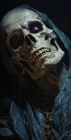 a painting of a skeleton wearing a hooded jacket and chain around its neck, with the hood pulled back