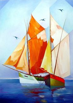 an oil painting of a sailboat in the ocean with birds flying around on a sunny day