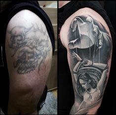 two different tattoos on one arm and the other with a woman holding a man's head