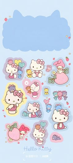 hello kitty stickers on a blue background with clouds in the sky and hearts around them