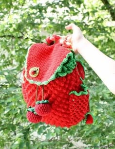 someone is holding up a crocheted strawberry purse