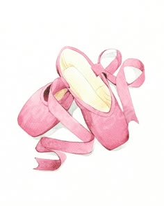 a watercolor drawing of pink ballet shoes with ribbons