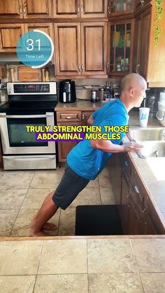 a man standing in front of a kitchen counter with the words truly strength those abominal muscles