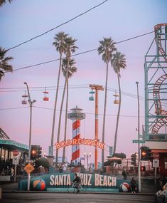 the santa cruz beach sign is surrounded by palm trees and roller coasters at dusk