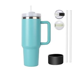 thermos cup with handle and straws next to it