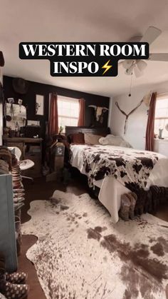 a bedroom with a cow hide rug on the floor and a western room in the background