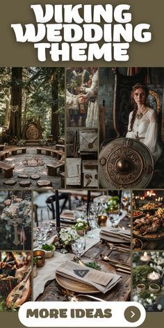 a collage of photos with the words viking wedding theme in white and green colors