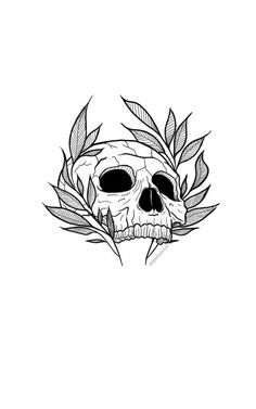 a black and white drawing of a skull with leaves around it