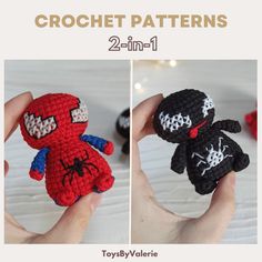 two crocheted dolls are shown in the same photo, one is black and one is red