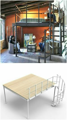 two pictures one with a table and the other with an open loft bed in it