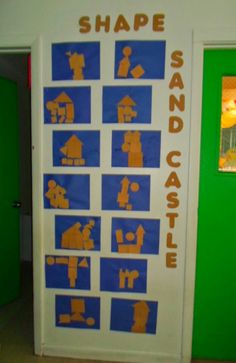 a sign that is on the side of a door saying shape sand castle with pictures of people and houses