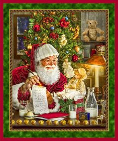 a santa clause is sitting in front of a christmas tree and holding a piece of paper