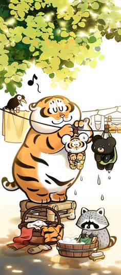 an image of a tiger and raccoon in the rain with clothes hanging out to dry