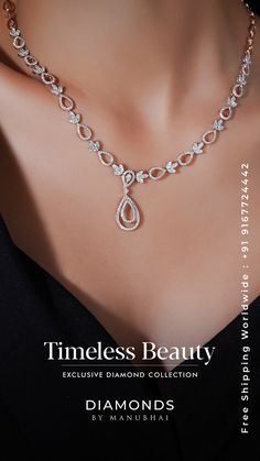 Asymmetrical Diamond Necklace with Pear-Shaped Diamond Drop and Floral Motifs - Unique Elegance Manubhai Jewellers, Delicate Diamond Necklace, Pear Shaped Diamond, Diamond Drops, Asymmetrical Design, Floral Motifs