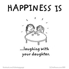 a drawing of two people sitting at a table with the words happiness is laughing with your daughter