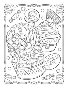 a coloring page with cupcakes and candy