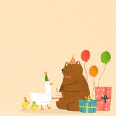 a brown bear sitting next to a white duck holding a birthday cake