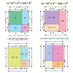 four different types of squares with numbers and letters on each side, all in different colors