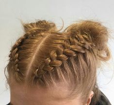 Braids And Space Buns Short Hair, Plaits Into Bun, Two Braids Into Buns, Dutch Plait Hairstyles, Dutch Braids With Space Buns, Braids With Space Buns, Dutch Plaits, Dutch Braid Space Buns, Space Buns Volleyball