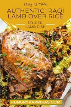 an image of a roasting lamb covered in parmesan and carrots with text overlay