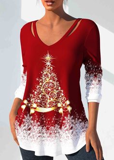 ROTITA Cut Out Christmas Print Red T Shirt christmas decorating, christmas diy projects, christmas diy ornaments #christmaseve #christmascountdown #christmasmarket, dried orange slices, yule decorations, scandinavian christmas Plus Size Christmas Tops, Plus Size Christmas, Nasa Mars, Long Sleeve Tops Casual, Christmas Print, Stretch Top, Plus Size Kleidung, Plus Size Top, Inspiration Mode