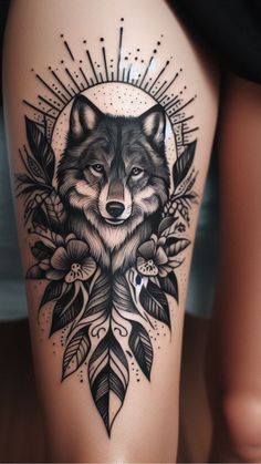 a woman's thigh with an image of a wolf and flowers on the side