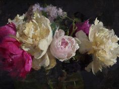 a painting of flowers in a glass vase on a table with black background and white, pink and yellow peonies