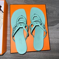 This Pair Of Egerie Sandals Are In Vert Embrun Rubber And Feature The Iconic Chaine D'ancre Motif. The Sandals Are Waterproof. Hermes Blue, Hermes Shoes, Women's Shoes Sandals, Shoes Sandals, Color Blue, Women Shoes, Sandals, Women Shopping, Blue