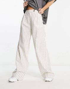 Bershka high waisted wide leg linen pants in ecru stripe | ASOS Wide Leg Linen Trousers, Stripe Pants, Spring Fits, Social Media Trends, Wide Leg Linen Pants, Printed Trousers, Fancy Pants, Linen Trousers, Linen Pants