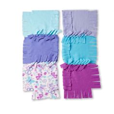 four pieces of cloth with fringes and flowers on the bottom one is blue, purple, and pink