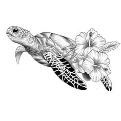 a black and white drawing of a turtle with flowers