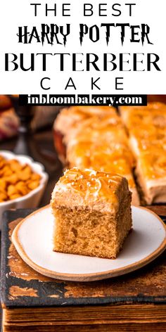 the best harry potter butterbeer cake on a white plate with text overlay